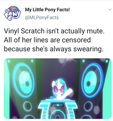 Size: 705x755 | Tagged: safe, dj pon-3, vinyl scratch, pony, unicorn, g4, female, implied swearing, implied vulgar, mare, meta, my little pony facts, solo, speaker, sunglasses, text, twitter