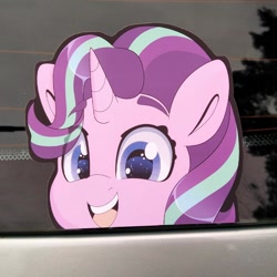 Size: 794x794 | Tagged: safe, artist:partypievt, starlight glimmer, pony, unicorn, g4, anime, anime eyes, bumper sticker, car, chibi, cute, etsy, ford focus, glimmerbetes, irl, looking at you, peeker, peeking, photo, solo, sticker