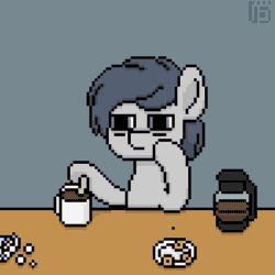 Size: 800x800 | Tagged: safe, artist:vohd, oc, oc:sleepy goodnight, earth pony, fly, insect, pony, animated, coffee, cookie, cup, food, frame by frame, pixel art, sleepy, solo, sugarcube