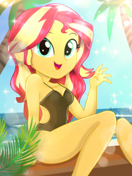 Size: 1800x2400 | Tagged: safe, artist:artmlpk, sunset shimmer, equestria girls, g4, adorable face, adorasexy, adorkable, bare shoulders, beach, beautiful, black swimsuit, clothes, cute, digital art, dork, female, lens flare, looking at you, one-piece swimsuit, open mouth, palm tree, sexy, shimmerbetes, sleeveless, smiling, smiling at you, solo, summer, swimsuit, topless, tree, water, watermark