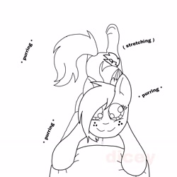 Size: 2289x2289 | Tagged: safe, artist:dicemarensfw, oc, oc:buffonsmash, oc:dicemare, human, pegasus, closed mouth, clothes, cute, cutie mark, dialogue, ears up, eye lashes, female, freckles, high res, human oc, lineart, looking at you, male, mare, monochrome, pants, pegasus oc, purring, shirt, shoes, stretching, tail, text, wings, wings down