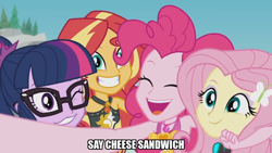 Size: 1024x576 | Tagged: safe, edit, edited screencap, screencap, cheese sandwich, fluttershy, pinkie pie, sci-twi, sunset shimmer, twilight sparkle, equestria girls, equestria girls series, g4, unsolved selfie mysteries, caption, clothes, cute, diapinkes, female, geode of empathy, geode of sugar bombs, image macro, magical geodes, one eye closed, selfie, shimmerbetes, shyabetes, swimsuit, text, twiabetes, wetsuit, wink