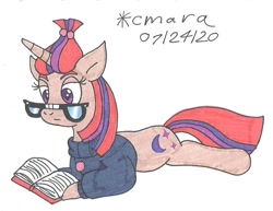 Size: 1069x827 | Tagged: safe, artist:cmara, moondancer, pony, unicorn, g4, book, clothes, female, glasses, mare, reading, simple background, solo, sweater, traditional art, white background