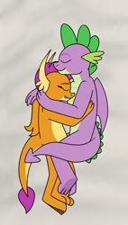 Size: 3000x5264 | Tagged: safe, artist:aaron amethyst, smolder, spike, dragon, g4, cute, duo, female, male, older, older smolder, older spike, ship:spolder, shipping, snuggling, straight