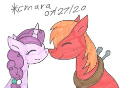 Size: 976x678 | Tagged: safe, artist:cmara, big macintosh, sugar belle, earth pony, pony, unicorn, g4, boop, cute, eyes closed, female, macabetes, male, mare, noseboop, ship:sugarmac, shipping, simple background, stallion, straight, sugarbetes, traditional art, white background