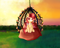 Size: 3015x2412 | Tagged: safe, artist:afuna, artist:notmywing, oc, oc only, oc:sun summoner, bat pony, pony, bat pony oc, bat wings, collaboration, commission, high res, looking at you, lying, outdoors, pillow, scenery, sitting, solo, sunset, swing, wings, ych result