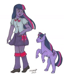 Size: 1080x1285 | Tagged: safe, alternate version, artist:nwladybugart, twilight sparkle, human, pony, unicorn, equestria girls, g4, clothes, colored hooves, cutie mark, cutie mark on clothes, duo, female, human ponidox, looking down, mare, rearing, self ponidox, shoes, signature, simple background, skirt, smiling, unicorn twilight, white background