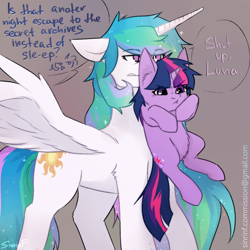 Size: 2480x2480 | Tagged: safe, artist:sinrinf, princess celestia, princess luna, twilight sparkle, alicorn, pony, unicorn, :t, annoyed, behaving like a cat, belly fluff, broken english, caught, celestia is not amused, cheek fluff, cute, cutelestia, dialogue, ear fluff, eyebrows, eyebrows visible through hair, feathered wings, female, filly, filly twilight sparkle, floppy ears, fluffy, glare, gray background, grumpy, grumpy twilight, horn, leg fluff, mare, messy mane, missing accessory, misspelling, momlestia, mouth hold, offscreen character, pouting, scruff, shoulder fluff, simple background, sketch, sleepy, smol, speech bubble, spread wings, talking, twiabetes, twilight sparkle is not amused, unamused, unicorn twilight, wall of tags, wing fluff, wings, younger
