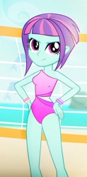 Size: 725x1474 | Tagged: safe, artist:invisibleink, edit, editor:thomasfan45, sunny flare, equestria girls, g4, 2 handfuls of dem hips, beach, beautiful, beautisexy, clothes, cloud, cropped, female, hand on hip, looking at you, midriff, ocean, one-piece swimsuit, pose, rock, sand, sexy, sky, sleeveless, smiling, smiling at you, smirk, solo, swimsuit, volleyball net, wristband