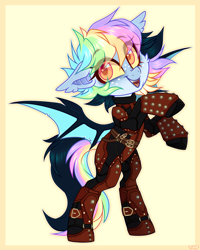 Size: 2508x3136 | Tagged: safe, artist:_spacemonkeyz_, oc, oc only, oc:pidge, bat pony, pony, armor, bat pony oc, bat wings, dark brotherhood, freckles, gold tooth, high res, leather armor, multicolored hair, rainbow hair, rearing, solo, wings