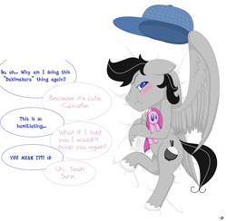 Size: 600x586 | Tagged: source needed, safe, artist:gblacksnow, pinkie pie, oc, oc:chopsticks, pegasus, pony, comic:wtb is this?, g4, blatant lies, blushing, colored hooves, dialogue, feathered wings, hat, implied pinkamena, male, offscreen character, plushie, pouting, spread wings, stallion, text, unshorn fetlocks, wings