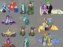 Size: 1280x960 | Tagged: safe, artist:theartfox2468, flash sentry, ocellus, princess ember, rainbow dash, rarity, sandbar, smolder, spike, thorax, twilight sparkle, yona, alicorn, changedling, changeling, anthro, g4, blushing, bridal carry, burger, carrying, changeling x dragon, clothes, colored wings, dragon armor, female, food, gray background, hay burger, headcanon, hoodie, interspecies, king thorax, lesbian, male, multicolored wings, ship:embrax, ship:flashlight, ship:smolcellus, ship:sparity, ship:yonabar, shipping, simple background, straight, twilight burgkle, twilight sparkle (alicorn), wings