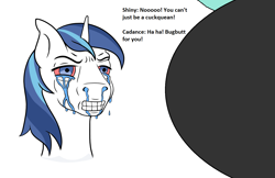 Size: 1578x1024 | Tagged: safe, edit, shining armor, pony, unicorn, g4, bust, butt, crying, horn, meme, plot, red eyes, short horn, tears of pain, wojak