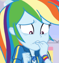 Size: 700x740 | Tagged: safe, screencap, rainbow dash, dashing through the mall, equestria girls, equestria girls series, holidays unwrapped, spoiler:eqg series (season 2), animated, chattering teeth, cropped, cute, dashabetes, female, geode of super speed, gif, magical geodes, nail biting, nervous, solo