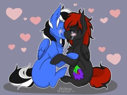 Size: 512x384 | Tagged: safe, artist:martini, oc, oc only, oc:buffonsmash, oc:dicemare, pegasus, pony, black, black and red, black and red mane, blue, blushing, colored, couple, crying, cute, ears up, eyes closed, female, gray, green, hair, heart, hug, husband, husband and wife, male, mare, married, pegasus oc, red, shade, shading, signature, simple background, snuggling, stallion, white, wife, wings