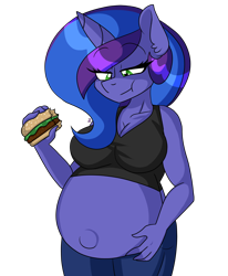 Size: 1670x2030 | Tagged: safe, artist:ladylullabystar, oc, oc only, oc:blue monday, unicorn, anthro, series:monday's bump, belly, belly button, big belly, breasts, burger, clothes, female, food, horn, jeans, outie belly button, pants, pregnant, simple background, solo, tank top, transparent background, unicorn oc