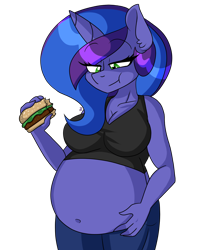 Size: 1670x2030 | Tagged: safe, alternate version, artist:ladylullabystar, oc, oc only, oc:blue monday, unicorn, anthro, series:monday's bump, belly, belly button, big belly, breasts, burger, chubby, clothes, female, food, horn, jeans, pants, round belly, simple background, solo, tank top, transparent background, unicorn oc