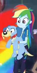 Size: 257x502 | Tagged: safe, screencap, rainbow dash, dog, equestria girls, g4, my little pony equestria girls: better together, run to break free, blue dog, cropped, cute, dashabetes, female, holding, solo