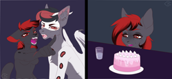 Size: 3572x1652 | Tagged: safe, artist:codyblue-731, oc, oc only, oc:dicemare, cat, dragon, hybrid, pegasus, pony, anthro, angry, black, black and red mane, cake, confused, cursed, cursed image, cute, food, funny, furry, fursona, gray, hilarious, mean, meme, monochrome, open mouth, pegasus oc, red, sharp teeth, simple background, table, teeth, upset, water, white, wings, woman yelling at a cat, yelling