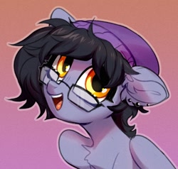 Size: 1296x1234 | Tagged: safe, artist:vensual99, oc, oc only, oc:nightshade (pegasus), pegasus, pony, beanie, chest fluff, ear fluff, ear piercing, earring, female, glasses, hat, jewelry, mare, piercing, simple background, smiling