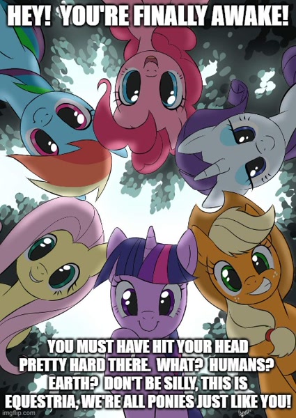 Safe Artist Miku Sky Applejack Fluttershy Pinkie Pie Rainbow Dash Rarity Twilight Sparkle Caption Image Macro Implied Anon Looking At You Looking Down Mane Six Meme Sky Text You Re Finally Awake