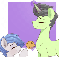 Size: 1111x1080 | Tagged: safe, artist:nignogs, oc, oc only, oc:anon stallion, oc:colt anon, oc:nocturnal pike, bat pony, pony, unicorn, fanfic:the long and short of it, ..., :p, animated, anonpony, cookie, dialogue, ear fluff, fangs, female, food, frown, glare, height difference, levitation, lidded eyes, magic, male, mare, nervous, raspberry, reversed gender roles equestria, reversed gender roles equestria general, simple background, stallion, sweat, telekinesis, tongue out, unamused