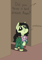 Size: 1000x1414 | Tagged: safe, artist:happy harvey, oc, oc:filly anon, oc:jingles, earth pony, pony, bad dream, clothes, clown, clown nose, cutie mark, cutie mark on clothes, dilated pupils, doll, doorway, female, filly, holding, looking up, offscreen character, pajamas, phone drawing, red nose, teary eyes, toy