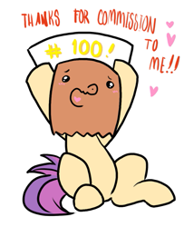 Size: 597x735 | Tagged: safe, artist:paperbagpony, oc, oc only, oc:paper bag, earth pony, pony, advertisement, blushing, earth pony oc, female, hoof hold, mare, milestone, paper bag, sign, simple background, solo, white background