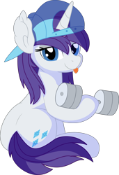 Size: 5471x7982 | Tagged: safe, artist:cyanlightning, rarity, pony, unicorn, g4, .svg available, absurd resolution, backwards ballcap, baseball cap, cap, dumbbell (object), female, hat, holding, lidded eyes, looking at you, mare, simple background, sitting, solo, tongue out, transparent background, vector, weights