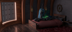 Size: 4554x2040 | Tagged: safe, artist:radiomann01, queen chrysalis, changeling, changeling queen, g4, 3d, bed, bedroom eyes, carpet, compass, detailed background, fangs, female, fire, grin, high res, horn, lantern, looking at you, lying down, lying on bed, mane, on bed, open mouth, prone, render, sharp teeth, ship, smiling, solo, steering wheel, tail, teeth, window, wings, wooden floor