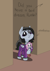 Size: 1000x1414 | Tagged: safe, alternate version, artist:happy harvey, edit, rumble, oc, oc:jingles, pegasus, pony, g4, alternate hairstyle, bad dream, clothes, colt, daily dose, dilated pupils, doll, holding, looking up, male, offscreen character, pajamas, phone drawing, teary eyes, toy