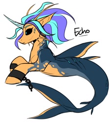 Size: 1137x1241 | Tagged: safe, artist:redxbacon, oc, oc only, oc:echo (redxbacon), original species, sea pony, seapony (g4), dorsal fin, fin, fins, fish tail, floppy ears, flowing mane, flowing tail, gills, horn, male, shackles, simple background, solo, tail, white background