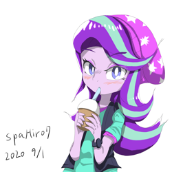Size: 2000x2000 | Tagged: safe, artist:spahiro7, starlight glimmer, equestria girls, g4, beanie, blushing, drinking, female, hat, high res, simple background, solo, straw, white background