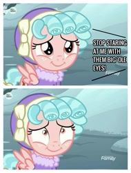 Size: 2522x3326 | Tagged: safe, edit, edited screencap, screencap, cozy glow, pony, frenemies (episode), g4, all new, and stop staring at me with them big old eyes, cold, cozy glow is best facemaker, discovery family, female, filly, high res, logo, mountain, offscreen character, reference, shrunken pupils, snow, spongebob squarepants, text, your shoe's untied