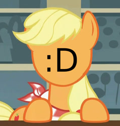 Size: 654x688 | Tagged: safe, artist:d3rpstrii, edit, edited screencap, screencap, applejack, earth pony, pony, a bird in the hoof, g4, :d, bib, faic, female, leaning, mare, open mouth, smiling, solo, table, wat