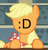 Size: 654x688 | Tagged: safe, artist:d3rpstrii, edit, edited screencap, screencap, applejack, earth pony, pony, a bird in the hoof, g4, my little pony: friendship is magic, :d, bib, faic, female, leaning, mare, open mouth, smiling, solo, table, wat