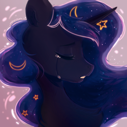 Size: 2500x2500 | Tagged: safe, artist:raily, princess luna, alicorn, pony, g4, bust, crying, eyes closed, high res, moon, portrait, stars
