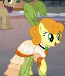 Size: 892x1049 | Tagged: safe, screencap, carrot top, golden harvest, earth pony, pony, a hearth's warming tail, g4, clothes, cropped, dress, female, hat, mare, open mouth, solo focus