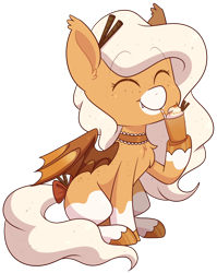 Size: 1944x2440 | Tagged: safe, artist:jetjetj, part of a set, oc, oc only, oc:pumpkin spice, bat pony, pony, choker, commission, cute, eyes closed, female, mare, simple background, sitting, solo, transparent background, ych result