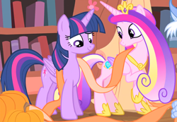 Size: 2164x1499 | Tagged: safe, screencap, princess cadance, twilight sparkle, alicorn, pony, g4, three's a crowd, cropped, duo, female, golden oaks library, pumpkin, silk, sisters-in-law, twilight sparkle (alicorn)