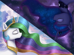 Size: 4724x3543 | Tagged: safe, artist:lin feng, princess celestia, princess luna, alicorn, pony, g4, beautiful, colored, crown, day, duo, ethereal mane, eyebrows, eyelashes, eyes closed, eyeshadow, female, jewelry, long mane, makeup, mare, peytral, regalia, royal sisters, siblings, sisters, sky, smiling, space, starry mane
