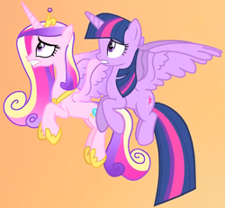 Size: 1212x1119 | Tagged: safe, screencap, princess cadance, twilight sparkle, alicorn, pony, g4, three's a crowd, cropped, duo, duo female, female, flying, mare, sisters-in-law, twilight sparkle (alicorn), worried