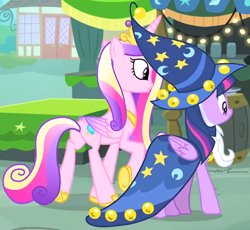 Size: 1184x1089 | Tagged: safe, screencap, princess cadance, twilight sparkle, alicorn, pony, g4, season 4, three's a crowd, butt, cloak, clothes, costume, cropped, duo, female, hat, lovebutt, mare, plot, sisters-in-law, star swirl the bearded costume, twilight sparkle (alicorn), wizard hat