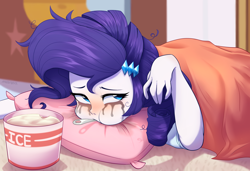 Size: 3200x2191 | Tagged: safe, artist:maren, rarity, human, equestria girls, g4, blanket, comfort eating, crying, drama queen, eating, female, food, high res, ice cream, makeup, marshmelodrama, mascarity, misleading thumbnail, mouth hold, pillow, rarity being rarity, running makeup, sad, solo, spoon, this will end in weight gain
