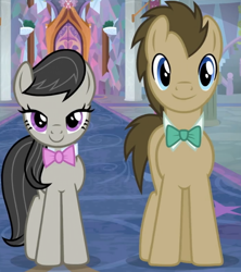 Size: 588x663 | Tagged: safe, screencap, doctor whooves, octavia melody, time turner, earth pony, pony, a horse shoe-in, g4, season 9, background pony, bowtie, cropped, duo, female, lidded eyes, male, mare, ponies standing next to each other, stallion