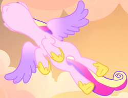 Size: 1508x1163 | Tagged: safe, screencap, princess cadance, alicorn, pony, g4, three's a crowd, colored wings, cropped, female, flying, gradient wings, hoof shoes, mare, multicolored wings, solo, wings