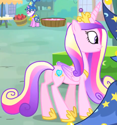 Size: 1018x1083 | Tagged: safe, screencap, amethyst star, princess cadance, sparkler, alicorn, pony, g4, three's a crowd, butt, cropped, female, folded wings, hat, lovebutt, mare, plot, solo focus, star swirl the bearded costume, wings