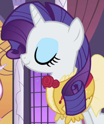 Size: 1036x1237 | Tagged: safe, screencap, rarity, pony, unicorn, g4, sweet and elite, clothes, cropped, dress, eyeshadow, female, frilly dress, makeup, mare, outfit catalog, solo