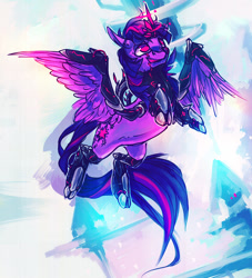 Size: 1000x1100 | Tagged: safe, artist:syntactics, twilight sparkle, alicorn, cyborg, pony, g4, armor, cyberpunk, female, flying, glowing horn, horn, rearing, solo, twilight sparkle (alicorn), wings