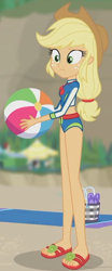Size: 612x1471 | Tagged: safe, screencap, applejack, aww... baby turtles, equestria girls, g4, my little pony equestria girls: better together, applejack's beach shorts swimsuit, beach, beach ball, breasts, clothes, cropped, feet, female, geode of super strength, magical geodes, sandals, sideboob, solo, swimsuit, towel